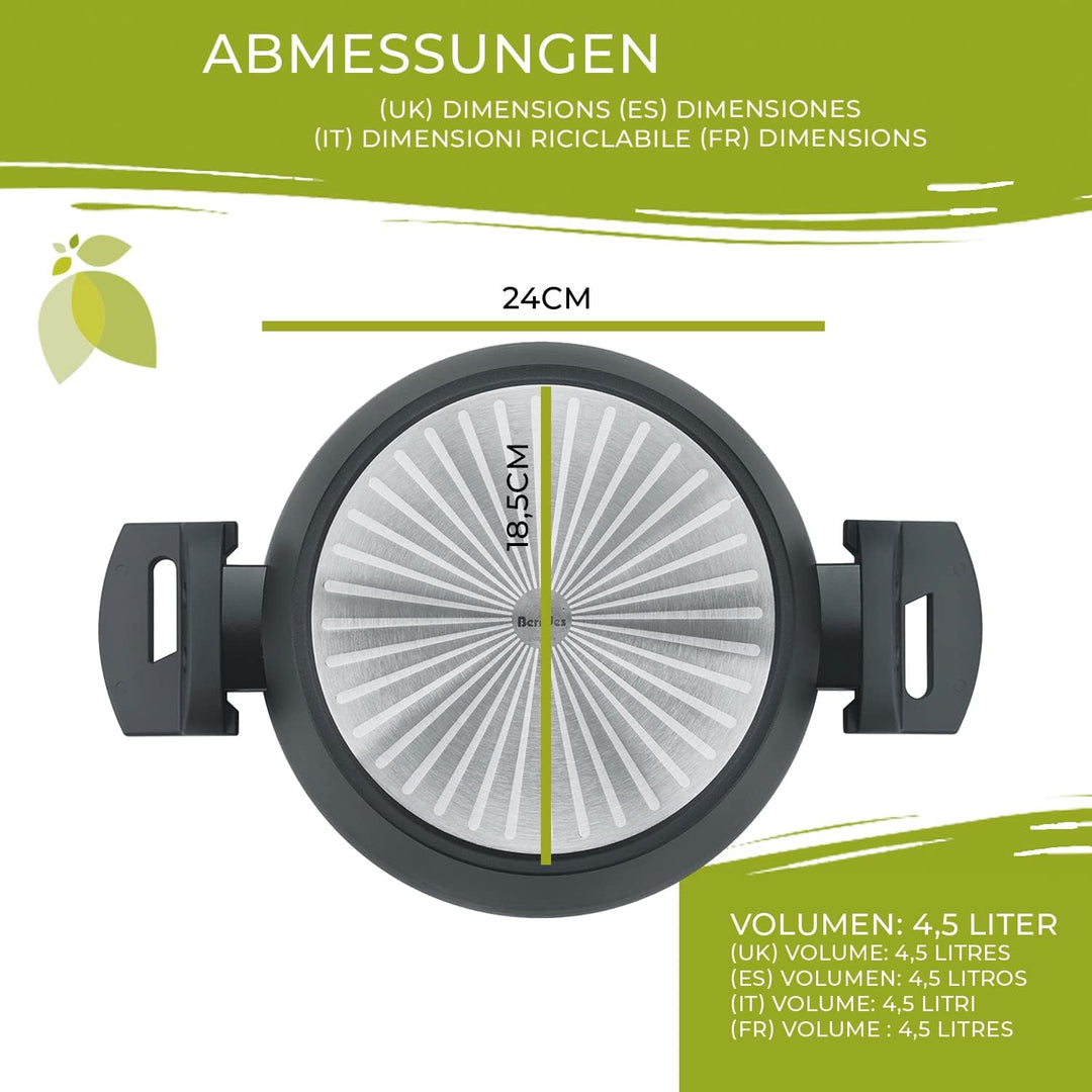 Berndes Topf Balance b.nature 24 cm, Kochtopf mit nachhaltiger Beschichtung aus Quarz, inkl. Glasdec