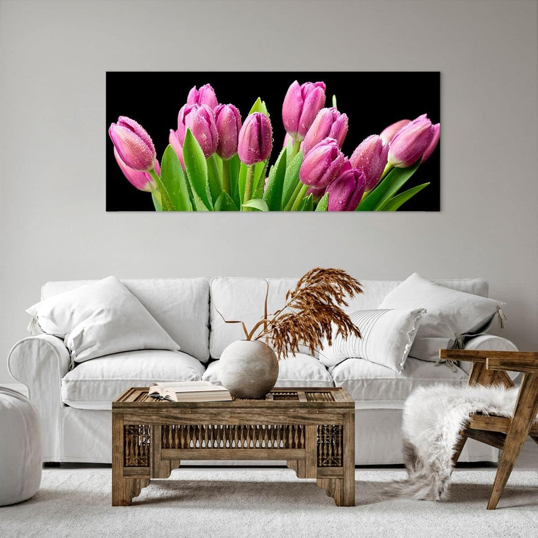 Wandbilder Dekoration Wohnzimmer Tulpen Blumenstrauss Tau Tropfen Panorama Bilder auf Leinwand 120x5