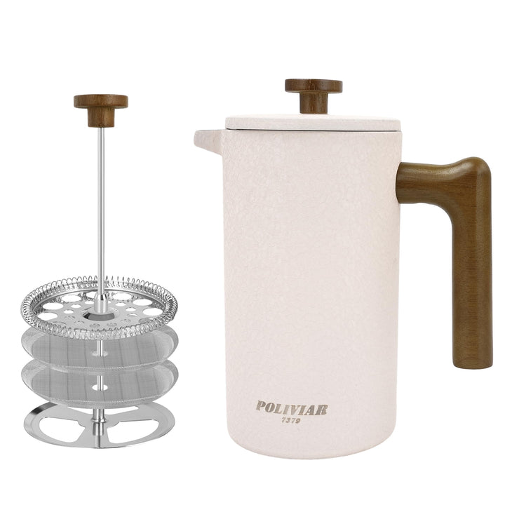 Poliviar French Press Kaffeebereiter 1 Liter/8 Tassen, Doppelwandige Isolierte Kaffeekanne, Handfilt