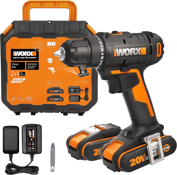WORX 18V (20V) Akku-Bohrschrauber WX100.3, PowerShare, max. 30 Nm Drehmoment, variable Drehzahl, LED
