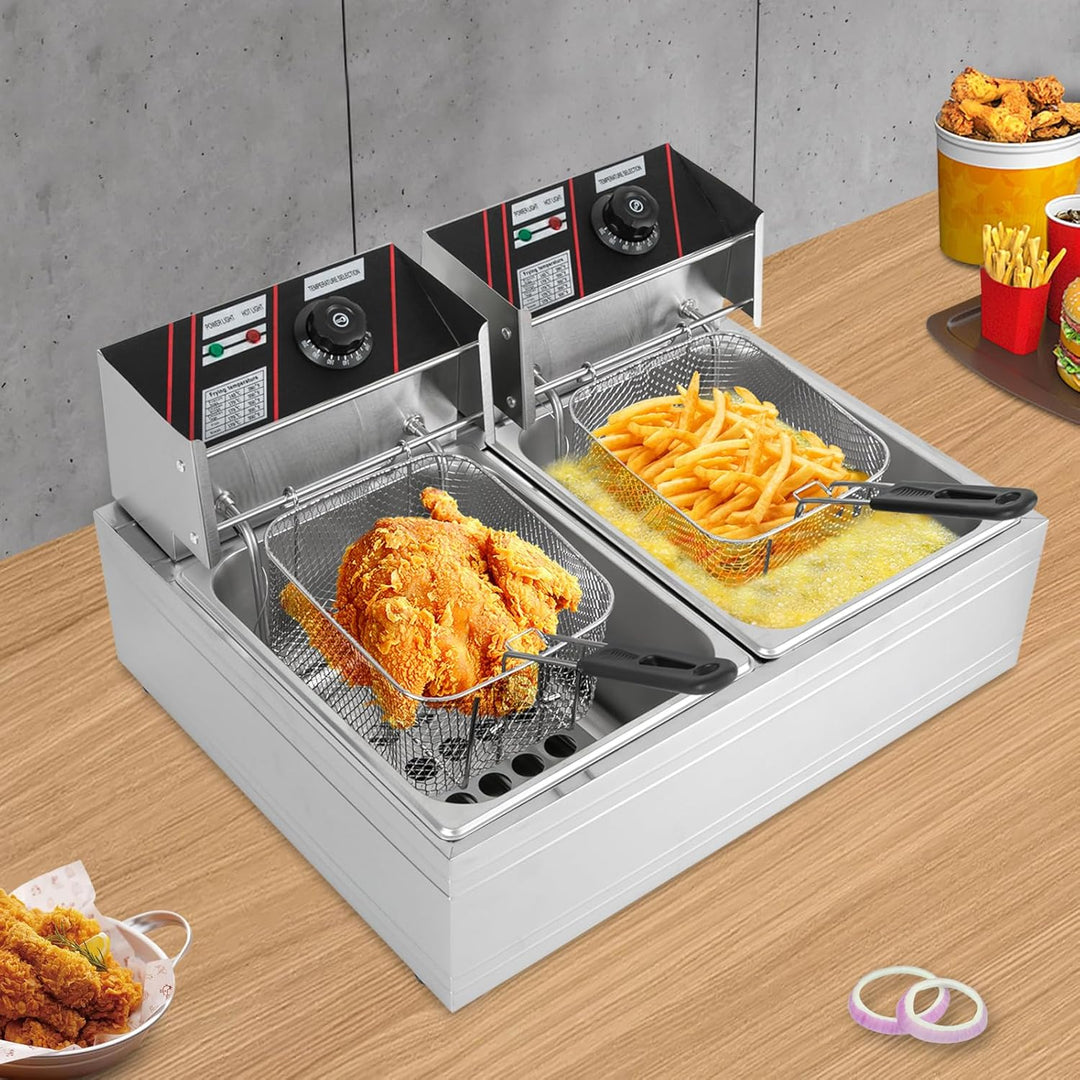 Friteuse Edelstahl 12L, 2.5KW+2.5KW Doppelfriteuse mit 4 Tubi Flessibili, Friteuse Öl mit Fettablauf