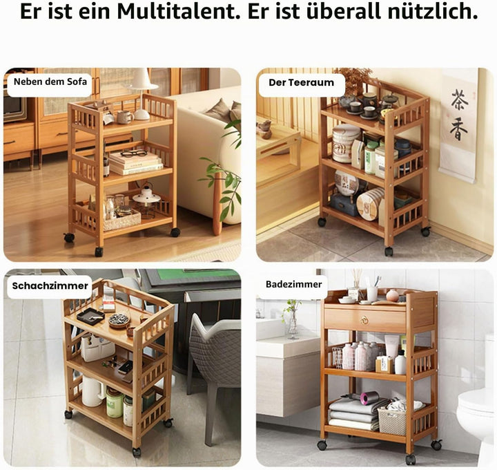 Servierwagen mit Rollen, Küchenwagen Holz 3 Ablagen, mobiler Rollwagen Allzweckwagen für Küche, Bad,