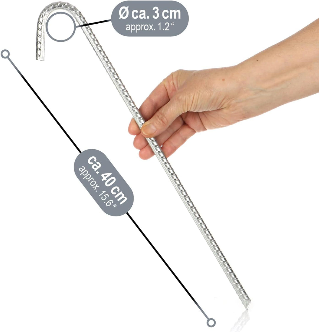 COM-FOUR® 16x XL Bodenanker aus massivem Stahl, J-Form 40 cm, Ø 1 cm – verzinkte Erdanker für Zelt,
