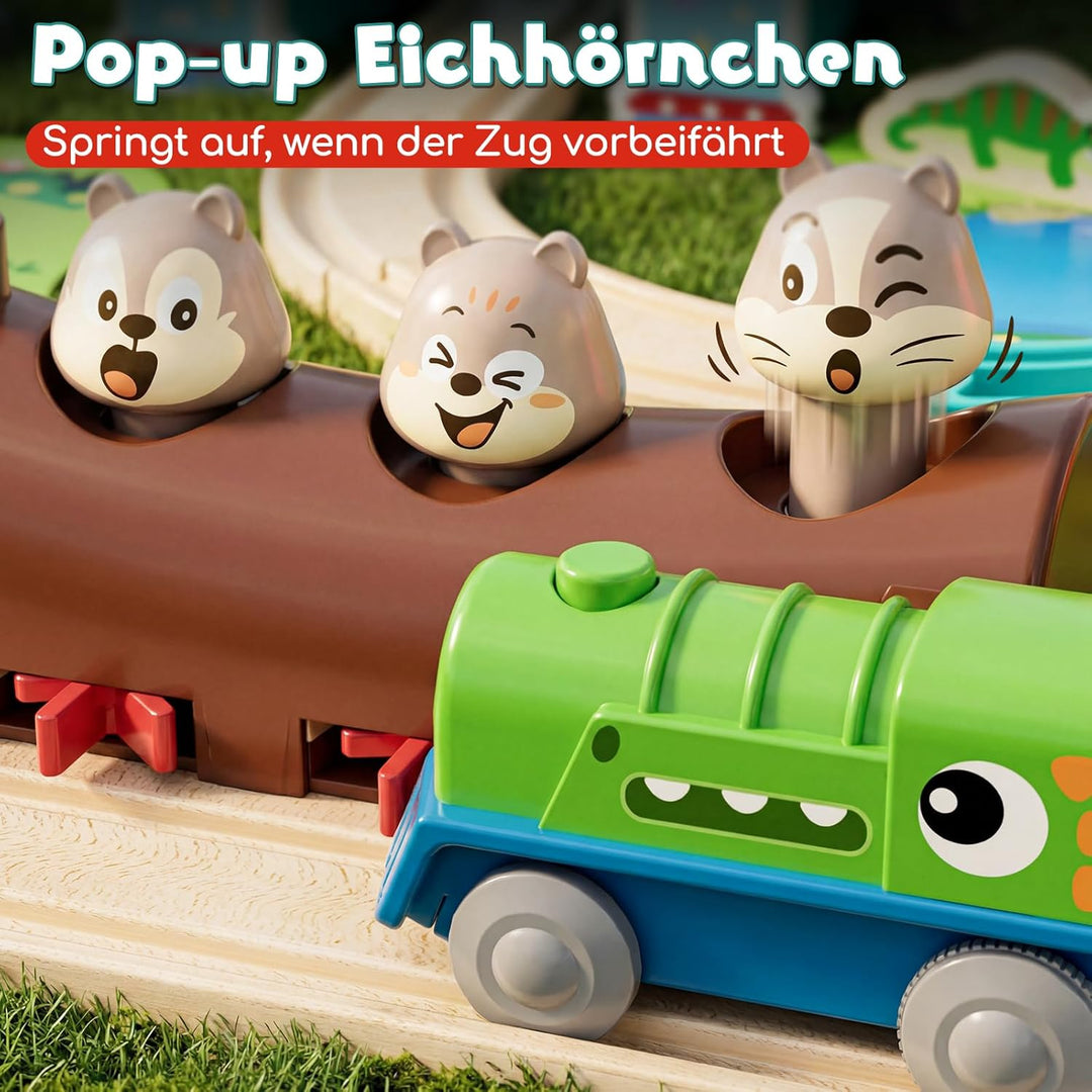 Lehoo Castle Holzeisenbahn, Dinosaurier Lokomotive, Freizeitpark Holz Eisenbahn Kinder mit Löwentunn