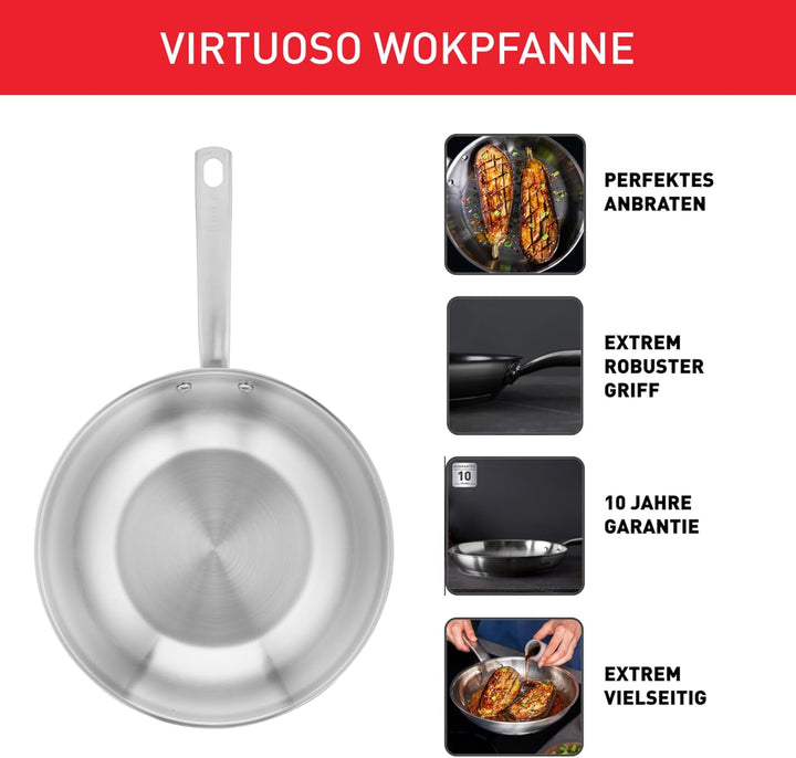 Tefal E49219 Virtuoso Wokpfanne 28 cm | hochwertiger Premium-Edelstahl | unversiegelt | gebürstetes