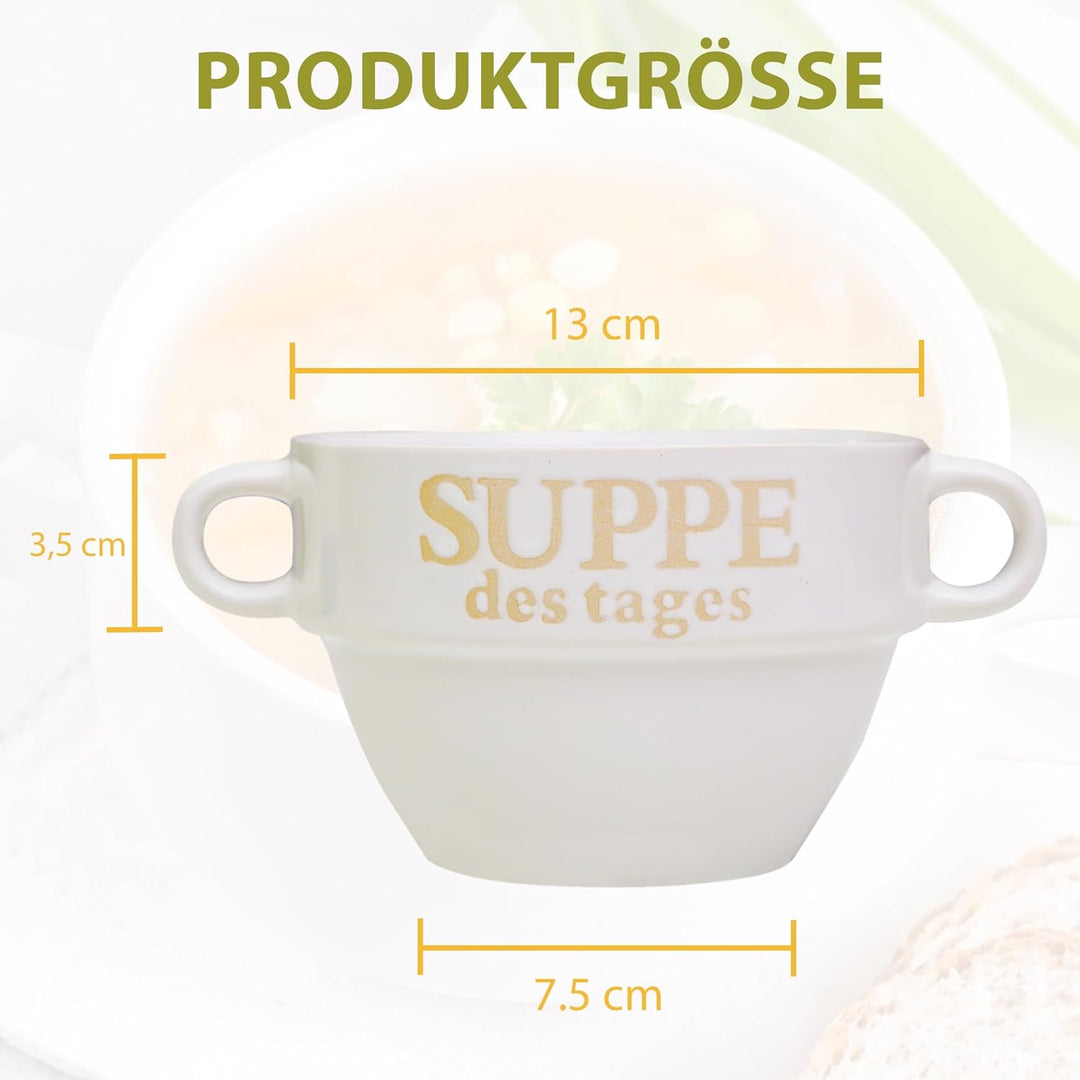DRULINE 12x Set Suppentasse Weiss aus Keramik Ø 13 cm mit Henkel – Hochwertige Suppenschale, Hitzebe