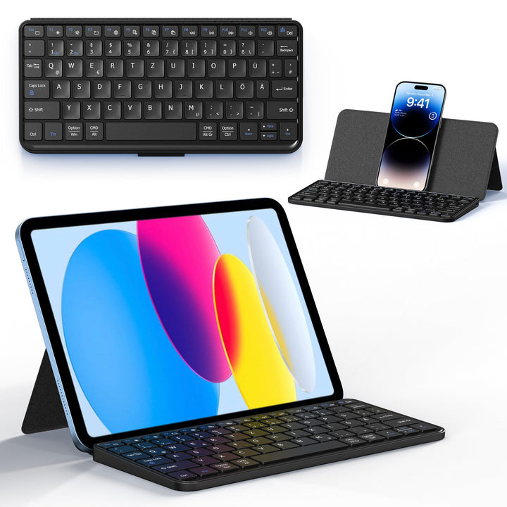 CACOE Mobile Bluetooth-Tastatur mit Ständer für Tablets, Ultraflache Tragbare, Faltbare, Dual-Channe
