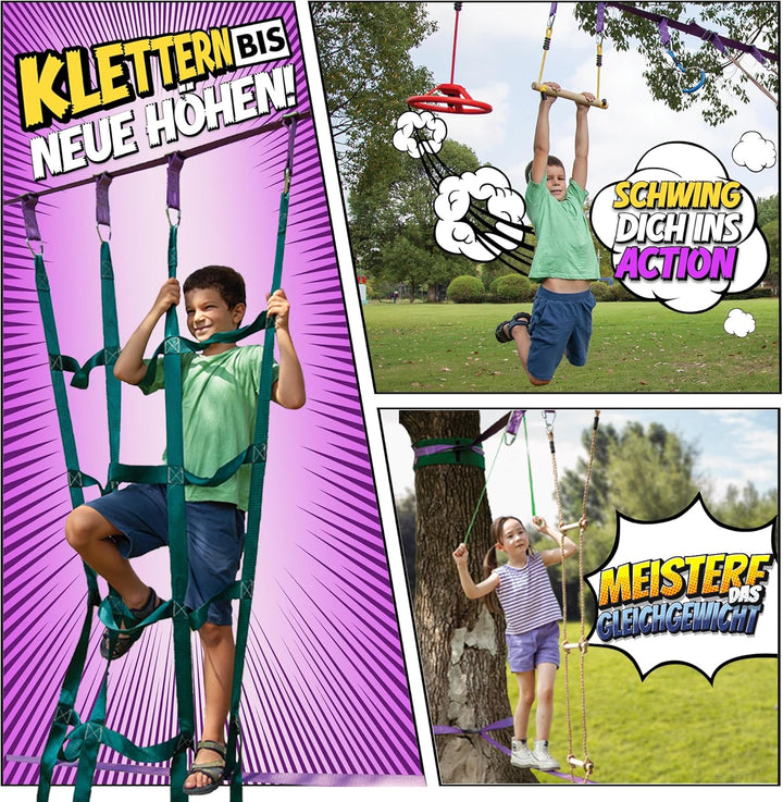 Ninja Warrior Obstacle Course for Kids Workout Equipment, 2 x 55ft Slacklines with 10 Weatherproof &