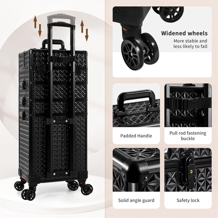 Arous 5-in-1 Profi-Kosmetikkoffer, Aluminium, mit 360° drehbaren Rädern Schwarz, Schwarz