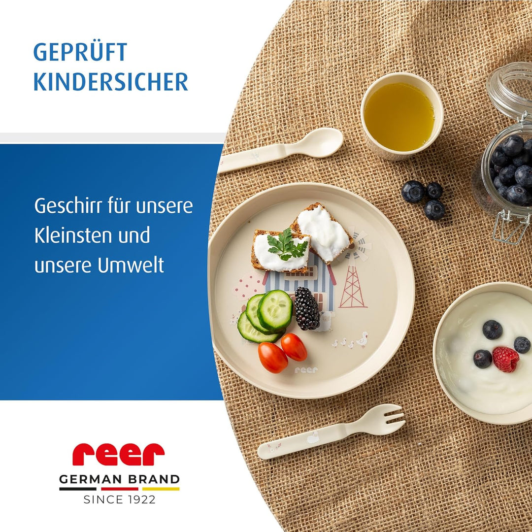 reer Kindergeschirr Set | Motiv: Little Farm | Biokunststoff-Geschirr für Kleinkinder aus 100% ISCC-