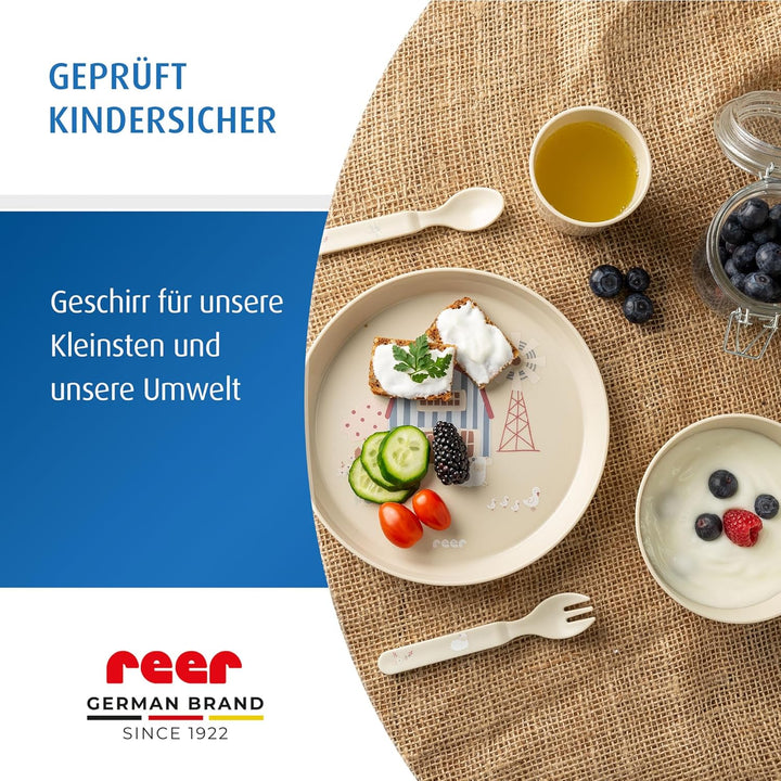 reer Kindergeschirr Set | Motiv: Little Farm | Biokunststoff-Geschirr für Kleinkinder aus 100% ISCC-