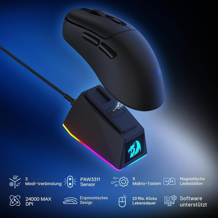 Redragon M998 - Leichte Wireless Gaming Maus mit RGB Magnet-Lade Dock, BT/2.4G Wireless/Kabelgebunde