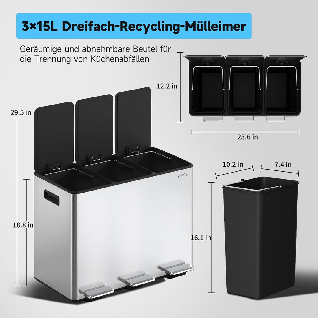 mVm Mülleimer Küche,45 Liter Treteimer,3 x 15 Liter Treteimer, 3 Fächer, Mülltrennsystem, Abfalleime