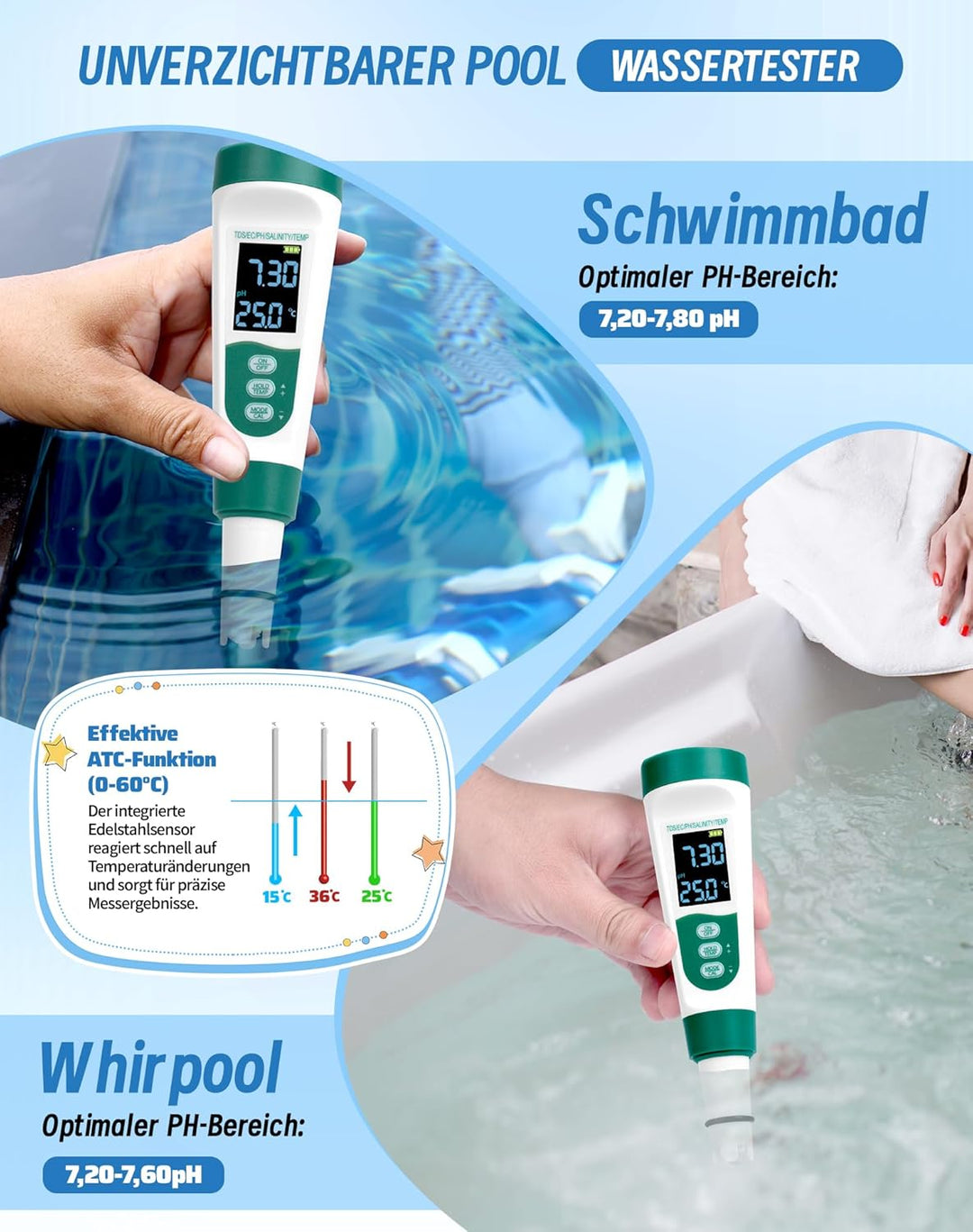 PH Messgerät 5IN1 TDS EC PH Temp Salt(%) Wassertester für Pools Trinkwasser Hyydrokultur Whirlpool A