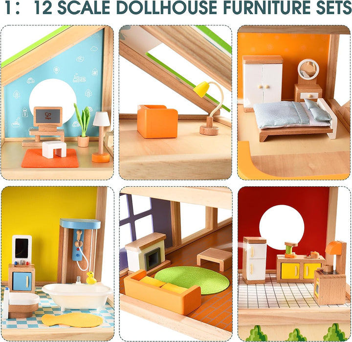 Hape Vier-Jahreszeiten Puppenhaus aus Holz von Hape | Preisgekröntes dreistöckiges Puppenhaus mit Mo