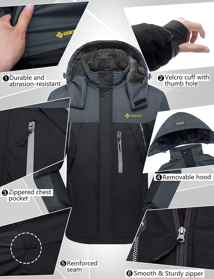 GEMYSE Herren Wasserdichte Skijacke Winddichte Fleece Outdoor Winterjacke mit Kapuze S Schwarzgrau,