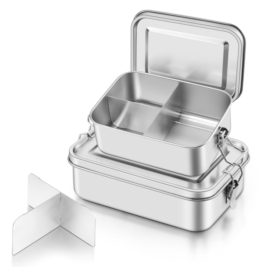 Onader Edelstahl Brotdose mit Fächern 2er Set, 850ml & 1400ml Bento Box Lunchbox mit Abnehmbar Trenn