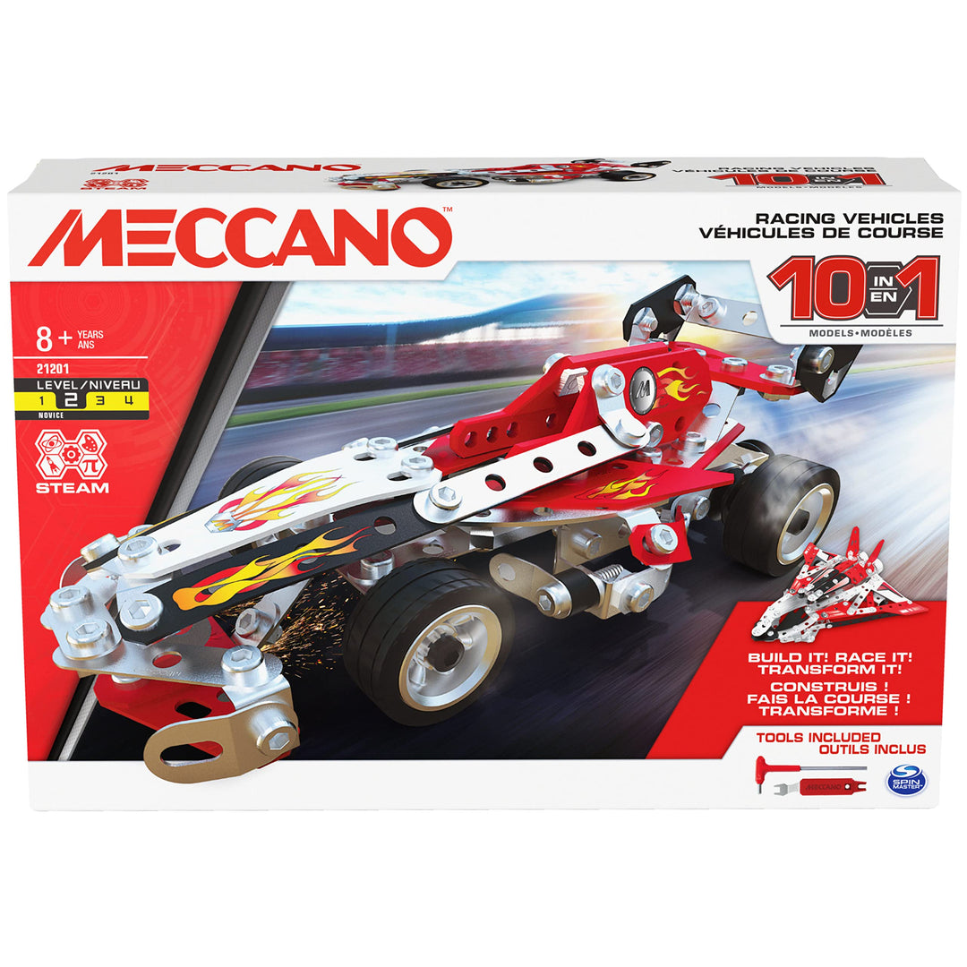 SPIN MASTER 6060104 10-in-1 Racing Vehicles Meccano, 10-in-1-Rennfahrzeuge STEM Modellbausatz mit 22