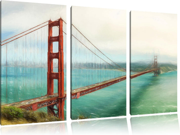 Pixxprint Golden Gate Bridge / 3-Teilig/Gesamtmass 120cm Leinwandbild bespannt auf Holzrahmen/Wandbi