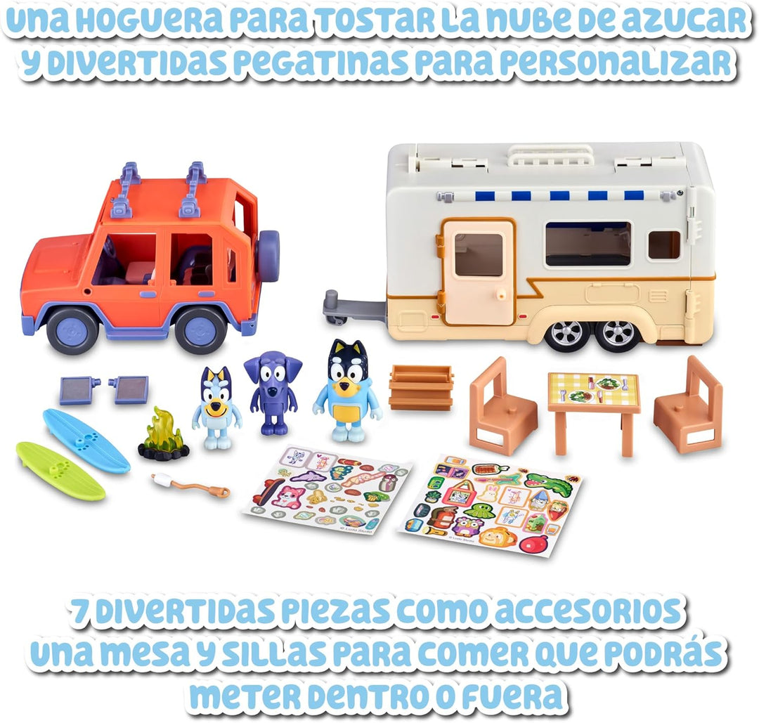 Bluey - Set Family Cruiser + Campervan, Playset für Familienautos, mit 3 Figuren, 10 Accessoires und