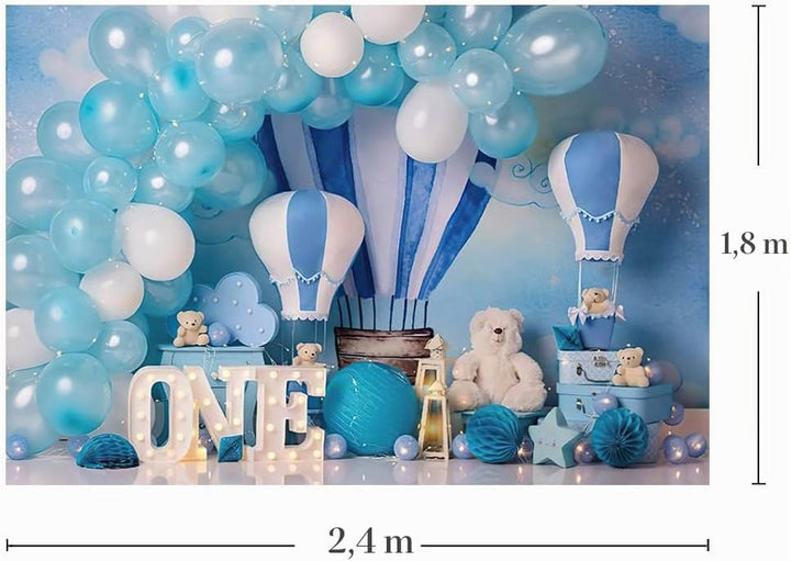 MEHOFOND 2,4 x 1,8 m blauer Junge 1. Geburtstag Fotografie Hintergründe Luftballons Heissluftballon