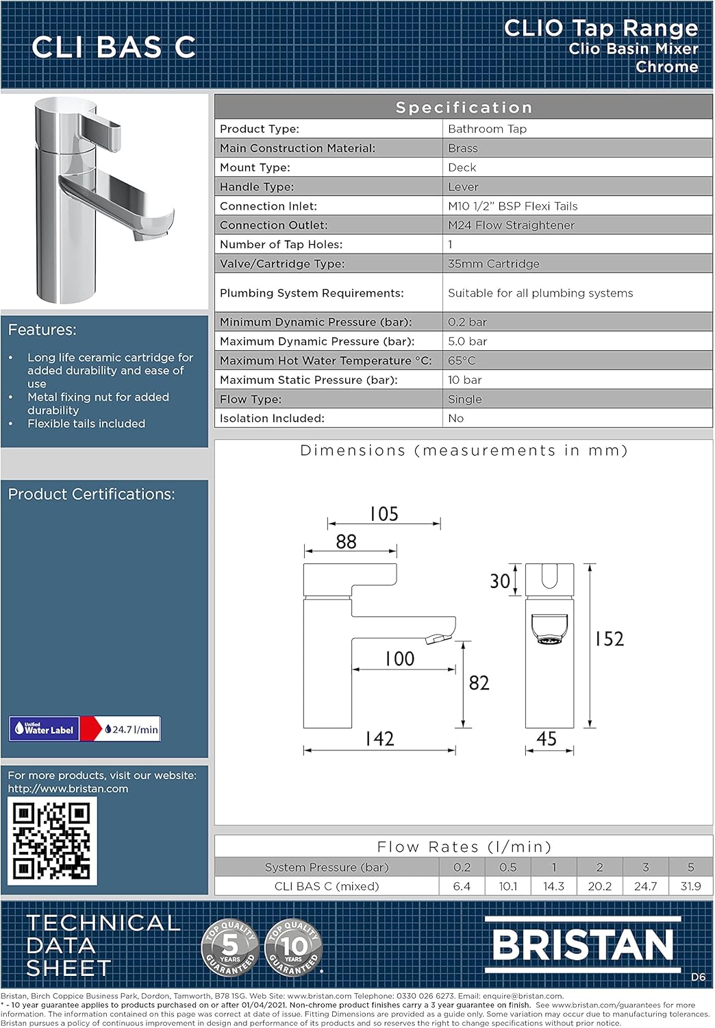 Bristan Waschbeckenarmatur, Messing, chrome, Basin Mixer, Basin Mixer