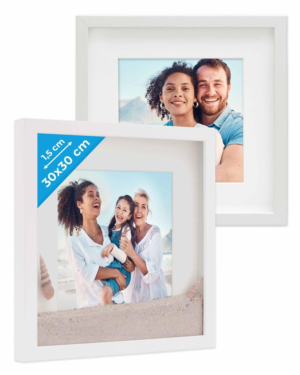 PHOTOLINI 3D Bilderrahmen zum Befüllen 30x30 Weiss gross, 1,5 cm tiefer Objektrahmen mit Glas, 2X ti