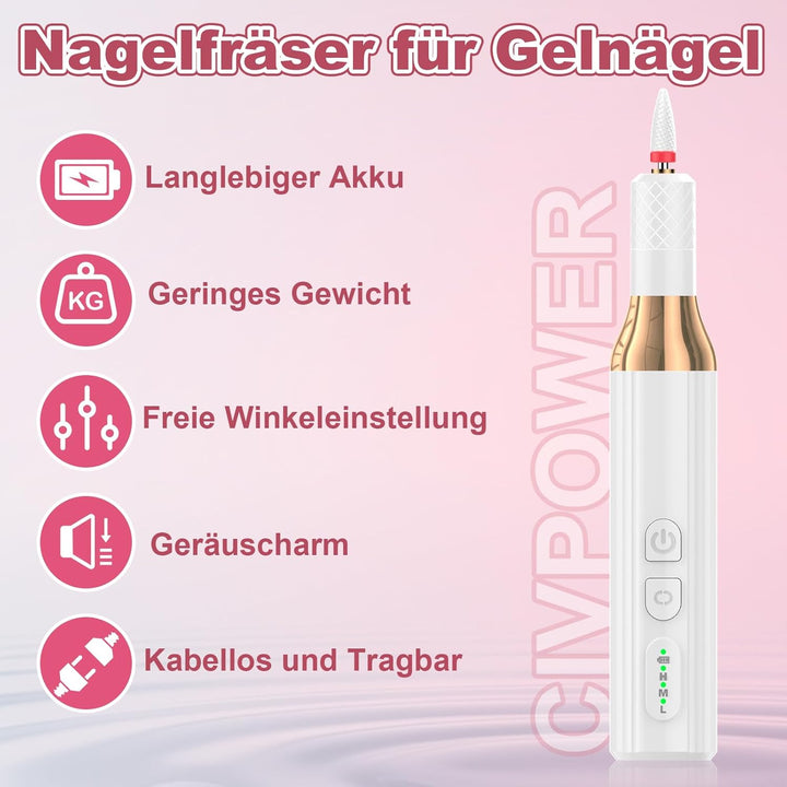 CIVPOWER Elektrische Nagelfräser für Gelnägel: Kabelloses Tragbares Nagelfeilen-Set für Acryl, Wiede