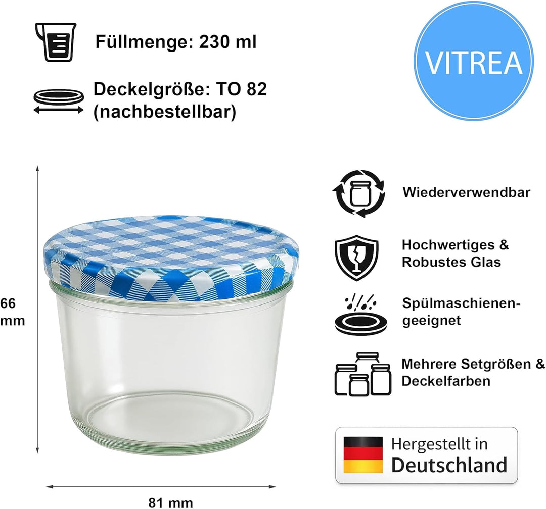 Vitrea 100x Marmeladengläser 230 ml - mit Deckel Blau Kariert TO 82 - Einmachgläser zum befüllen mit