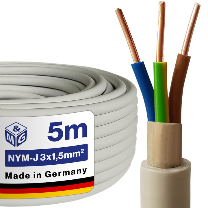 M&G Techno 5m NYM-J 3x1,5 mm² Mantelleitung Feuchtraumkabel Elektrokabel Kupfer Made in Germany NYM-