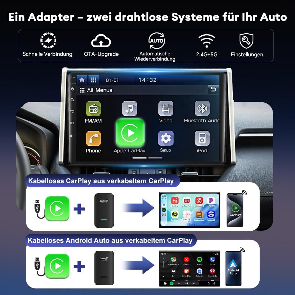 Carlinkit CP2A Pro Wireless CarPlay Adapter–Unterstützt für Netflix/YouTube/TikTok Lite Streaming we