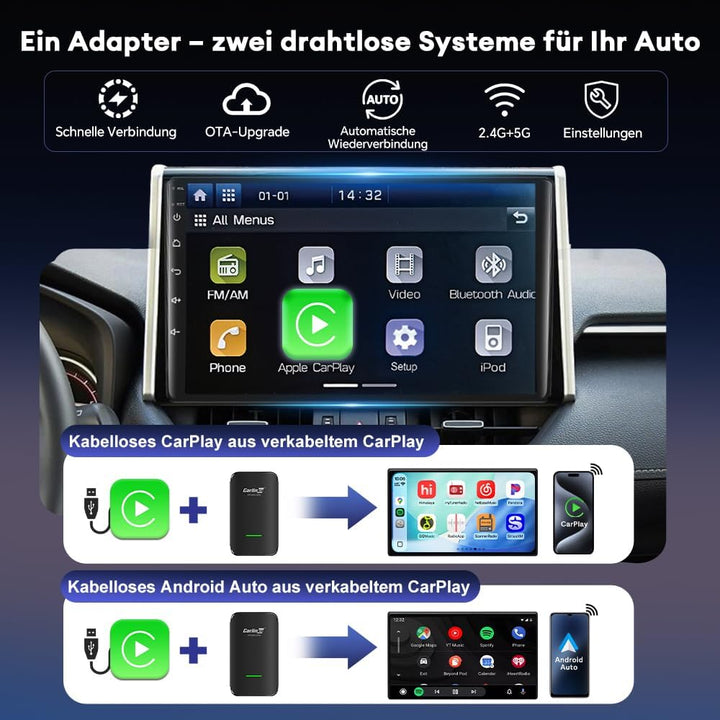 Carlinkit CP2A Pro Wireless CarPlay Adapter–Unterstützt für Netflix/YouTube/TikTok Lite Streaming we