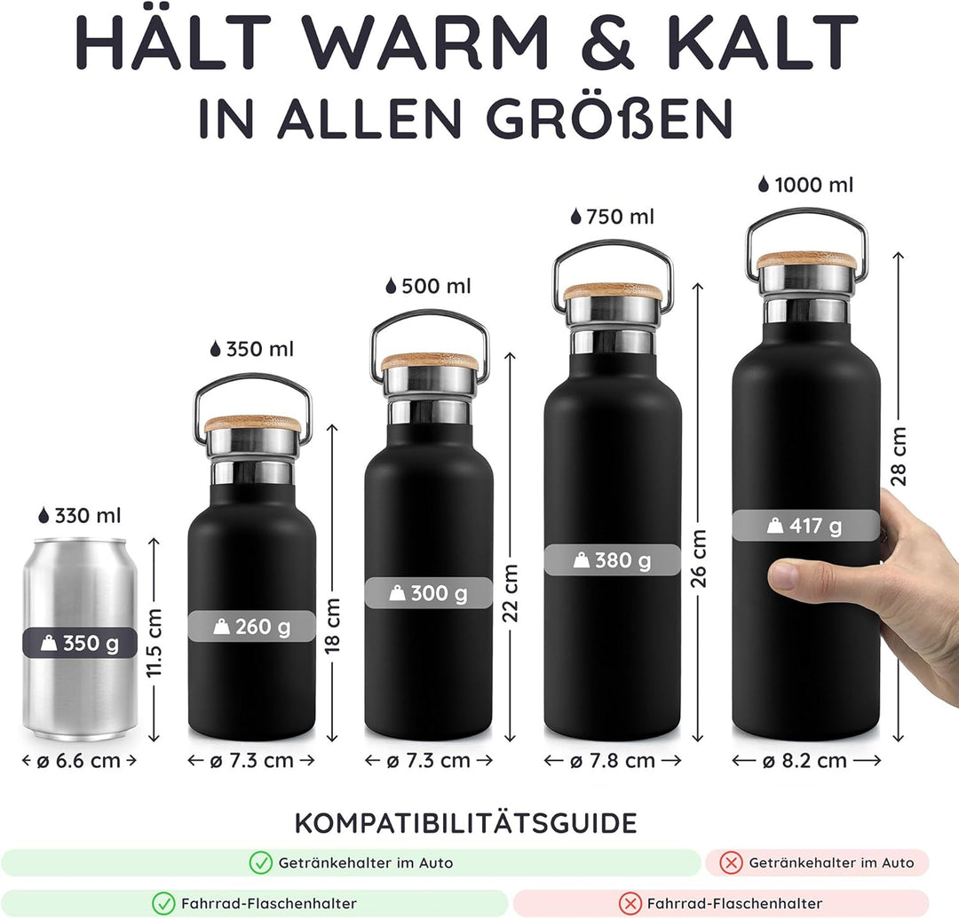 Bambaw Isolierflasche 500ml, Schwarze Trinkflasche, Edelstahl Trinkflasche, Thermosflasche Fahrrad,