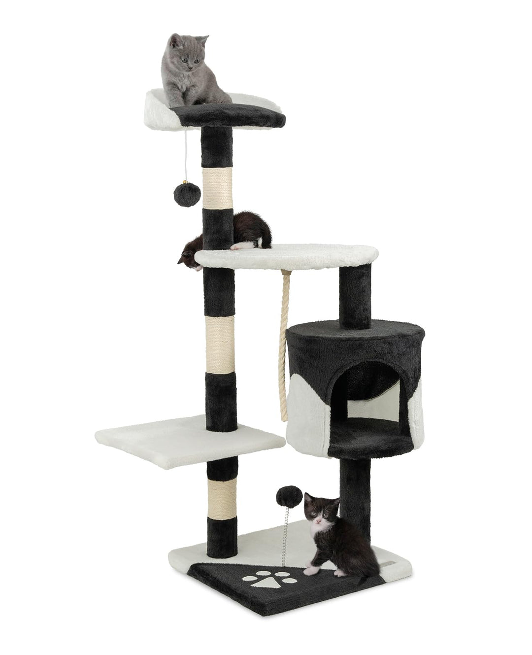 lionto Kratzbaum für Katzen mit 2 Plüschbällen & Spielseil, Höhe 112 cm, Katzenbaum mit Sisalseil &