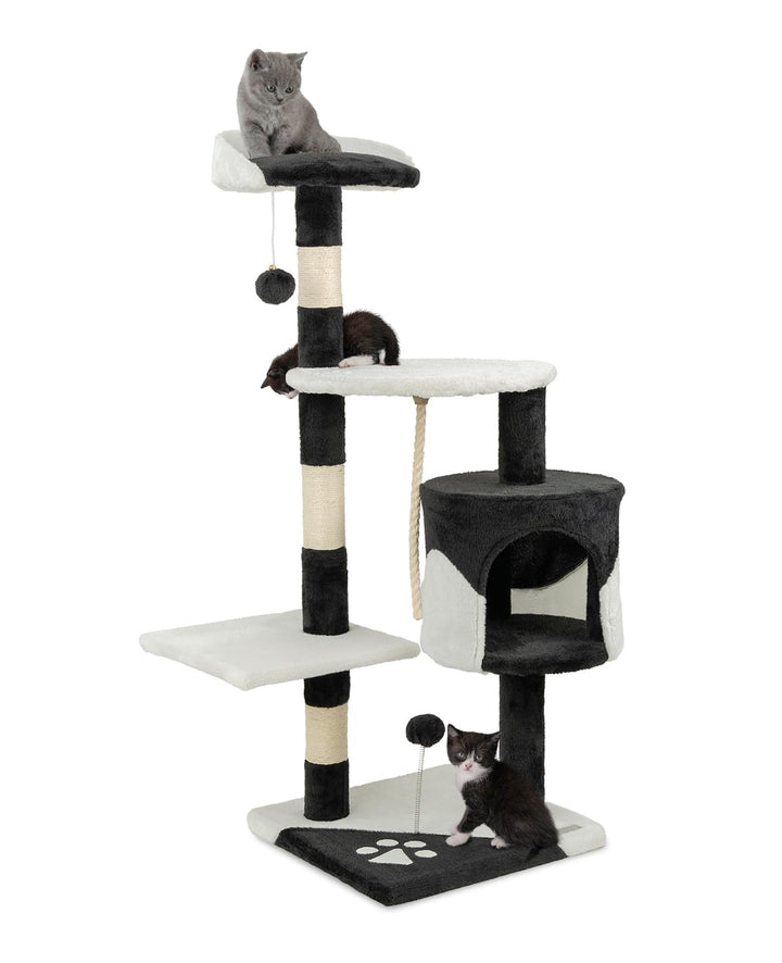 lionto Kratzbaum für Katzen mit 2 Plüschbällen & Spielseil, Höhe 112 cm, Katzenbaum mit Sisalseil &