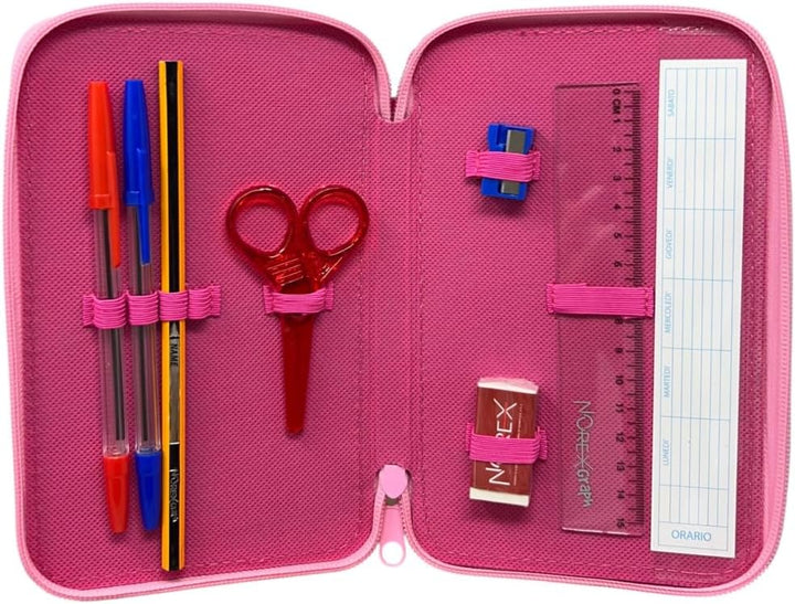 Cartoon Federmäppchen mit 3 Reissverschlüssen, komplett mit 44 Teilen, multifunktional für Schulsach