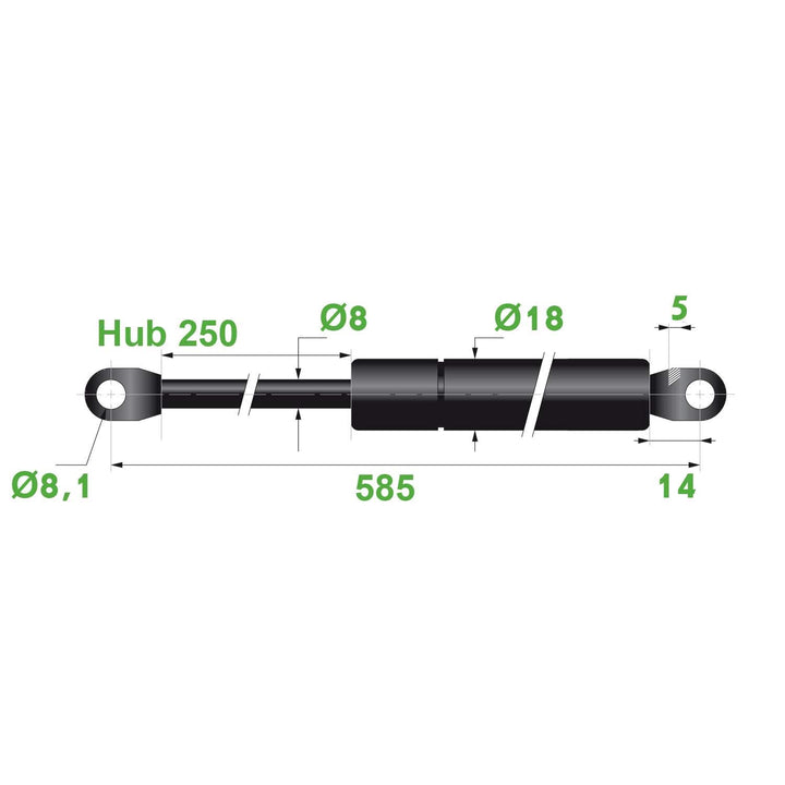 Gasdruckfeder 8/18 8,1 Hub=250 L=585 mm 150N(0011)