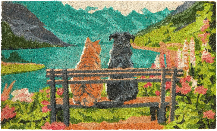 BRUBAKER Fussmatte für Aussen und Innen - Hund und Katze auf Bank vor Bergsee mit Blumen - 45 x 75 c