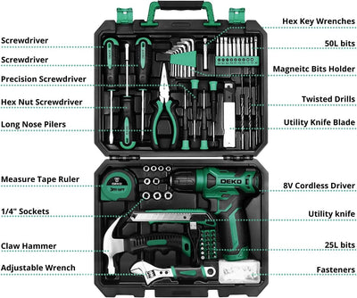 DEKO 126 Stück Elektrowerkzeug Combo Kits mit 8V Akku Bohrer, 10MM 3/8'' Keyless Chuck, Professionel