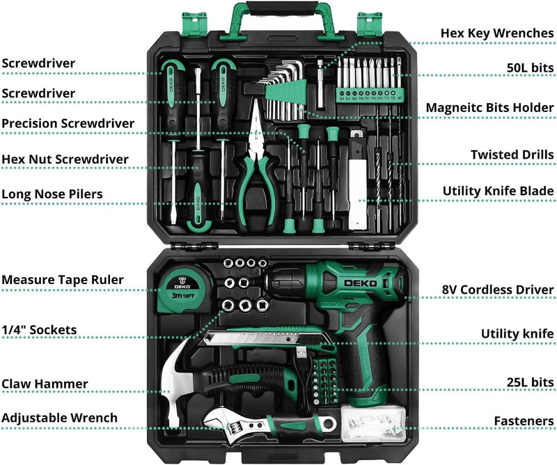 DEKO 126 Stück Elektrowerkzeug Combo Kits mit 8V Akku Bohrer, 10MM 3/8&