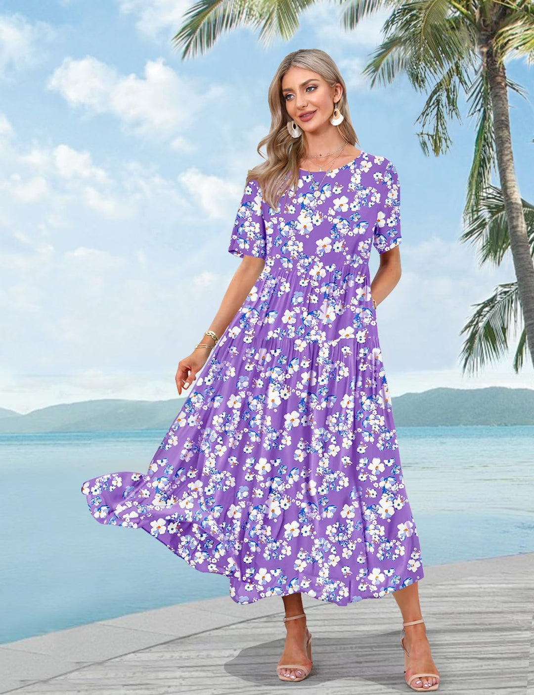 YESNO Damen Kleider Freizeit Lose Sommerkleid Lang Boho Maxikleid für Rundhals Strandkleid Blumenkle