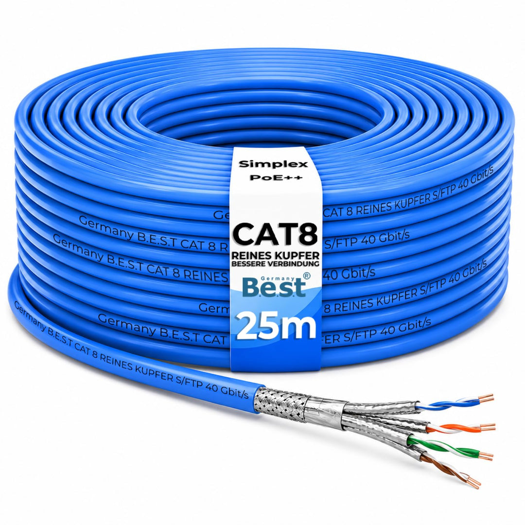 Germany B.e.s.t 25M CAT 8 Netzwerkkabel Verlegekabel Kupfer LAN Kabel Ethernetkabel S/FTP 40 Gbit/s