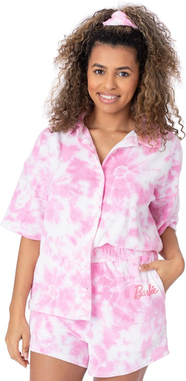 Barbie Damen 3 Stück Torubing Co-Ord Beach Cover Up | Rosa Batikfarbe Handtuch T-Shirt Shorts Haargu