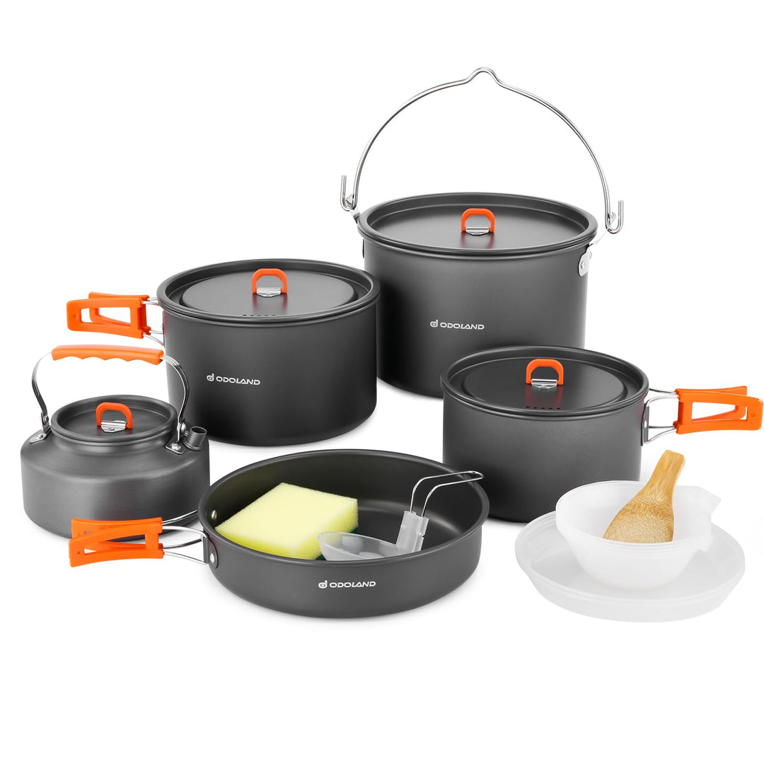 Odoland Camping Kochgeschirr Set 16 Teilig, Outdoor Geschirr Set mit 3 Topfe, Bratpfanne und Wasserk