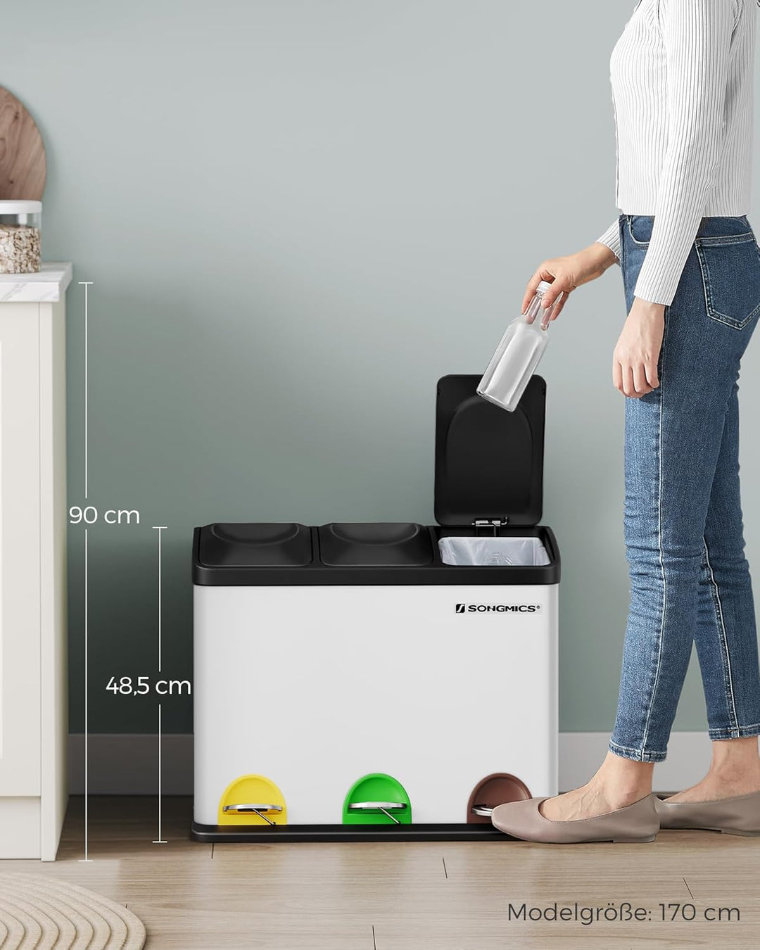 SONGMICS Mülleimer Küche, Mülltrennsystem 3 Fächer, Abfalleimer, 45 Liter Treteimer aus Metall, 3 x