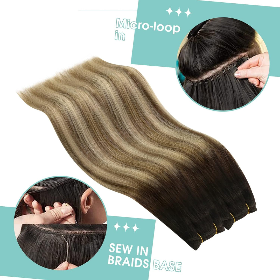 YoungSee Tressen Echthaar Balayage Echthaar Tressen zum Einnahen Braun Balayage Blond Weave Extensio