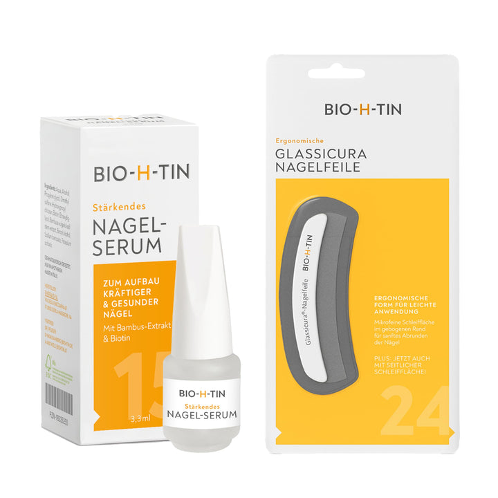 BIO-H-TIN stärkendes Nagel-Serum 3,3 ml + Glassicura Nagelfeile – Zum Aufbau kräftiger & gesunder Nä