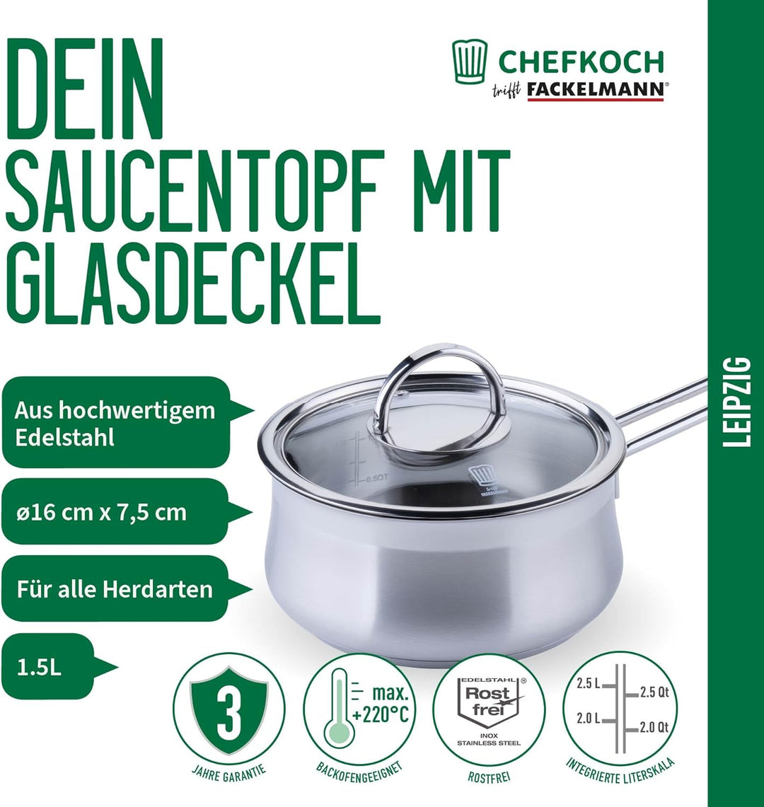 FACKELMANN Chefkoch Sossen-Topf Ø16 cm München aus Edelstahl – Hochwertiger Kochtopf Ausschüttfunkti