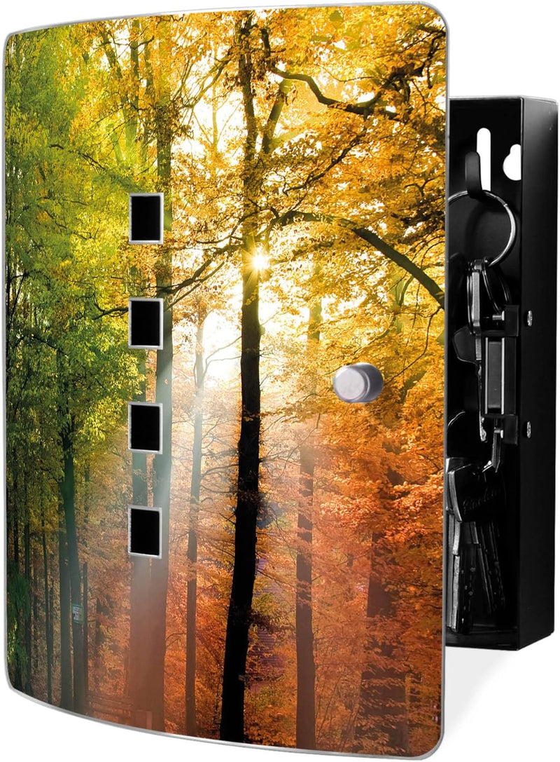 banjado® Design Schlüsselkasten aus Edelstahl mit Motiv Herbstwald für 10 Schlüssel - Schlüsselschra