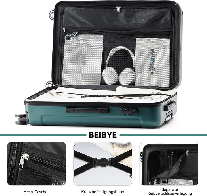 BEIBYE Hartschalen-Koffer Trolley Rollkoffer Reisekoffer Handgepäck 4 Rollen (M-L-XL-Set) (Dunkelgru